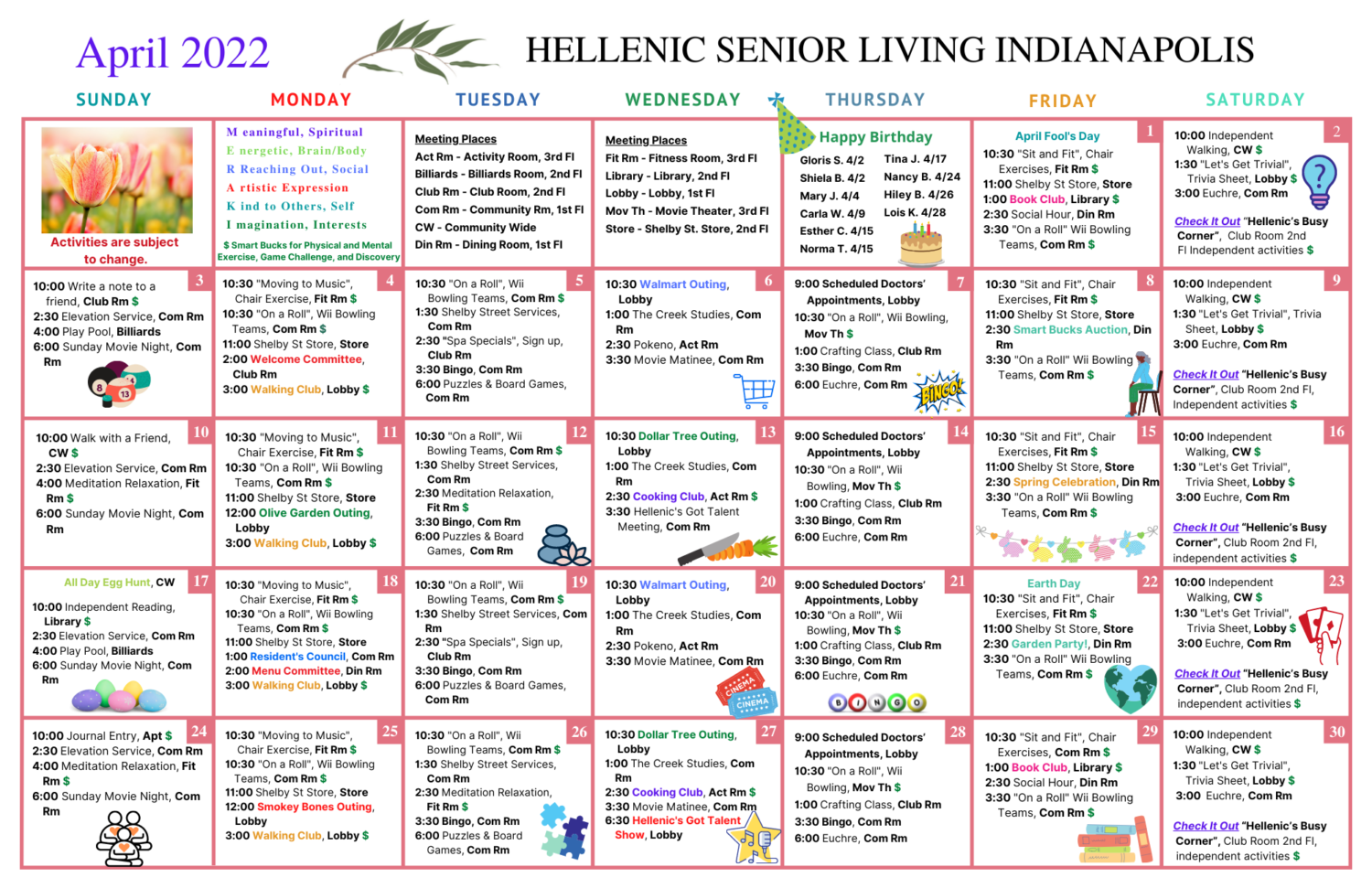 Hellenic Senior Living of Indianapolis Activity Calendar